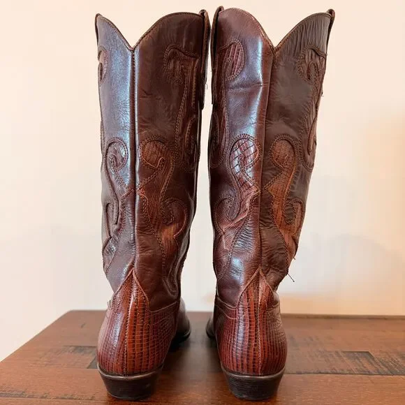 Nine West Vintage Brown Lizard Embossed Leather Cowboy Boots - Size 8 Women's